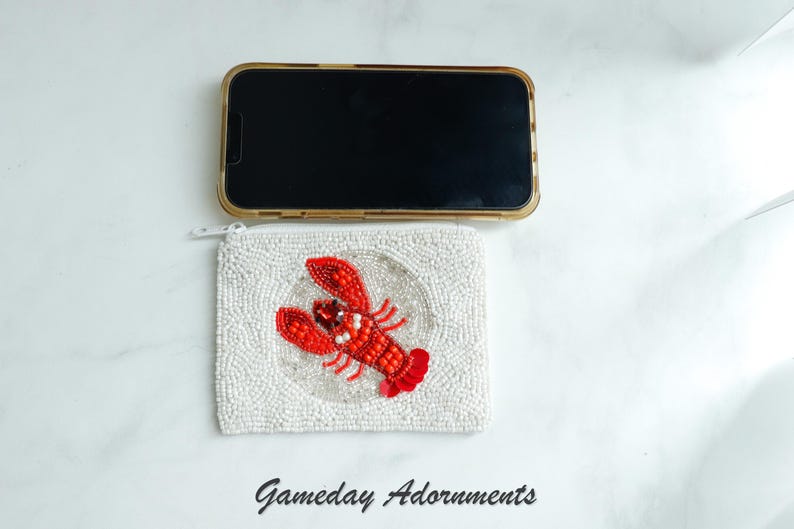 Beaded Coastal Crawfish Coin Bag, Beach Cajun Crayfish Travel Pouch Wallet, Mardi Gras Louisiana, Seafood, Fun Novelty Sports Gift