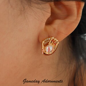 Baseball Glove and Ball Stud Earrings, Cute Enamel Gold, Faux Pearl Baseball, Dainty Softball, League, Series, Sports Coach Her Gift