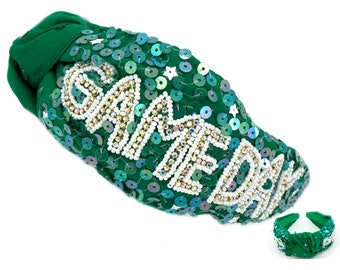 Diadema del día del juego con lentejuelas y cuentas, color verde y blanco de la NCAA, 17 pulgadas, parte superior con nudo, fútbol americano universitario de la NCAA, baloncesto, regalo