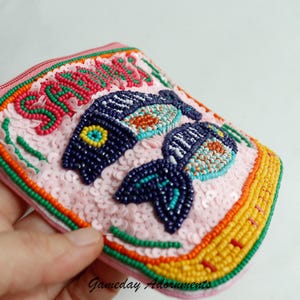 Beaded Sardine Coin Purse, Retro Sardine Can, Vintage Colors, Petite Pouch, Makeup Bag Coastal Travel Accessory, Fish Lover Gift