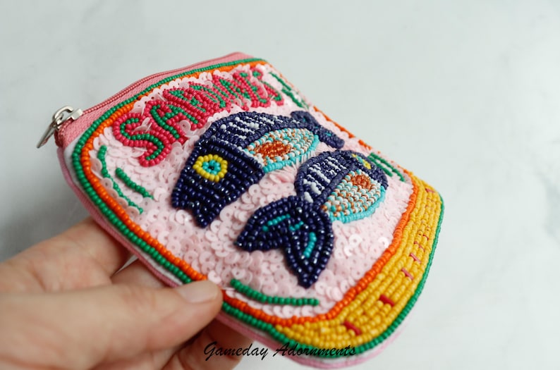 Beaded Sardine Coin Purse, Retro Sardine Can, Vintage Colors, Petite Pouch, Makeup Bag Coastal Travel Accessory, Fish Lover Gift