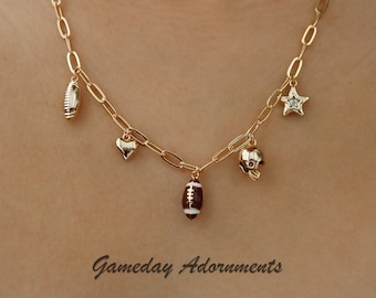 Football Charms Necklace, Enamel Football, Dainty Helmet, Rhinestone Star, Gold Plated Brass, Team Mom, Coach Gift, Gameday Attire