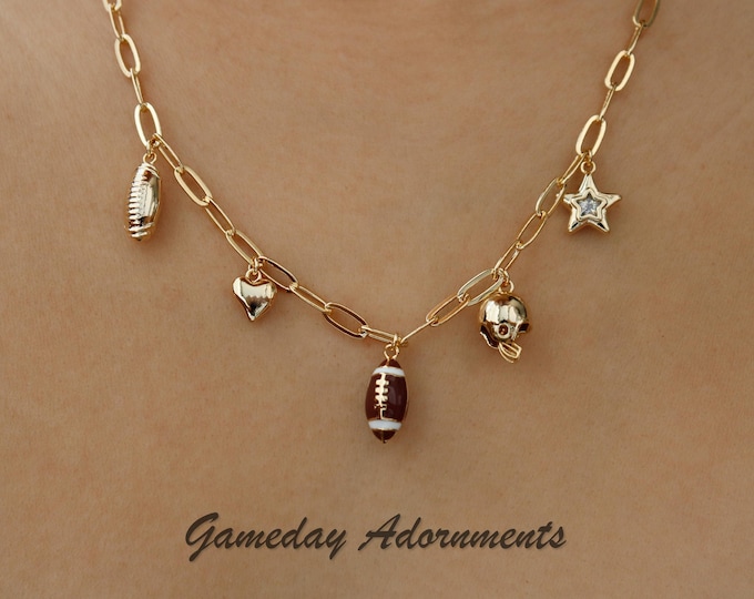 Football Charms Necklace, Enamel Football, Dainty Helmet, Rhinestone Star, Gold Plated Brass, Team Mom, Coach Gift, Gameday Attire