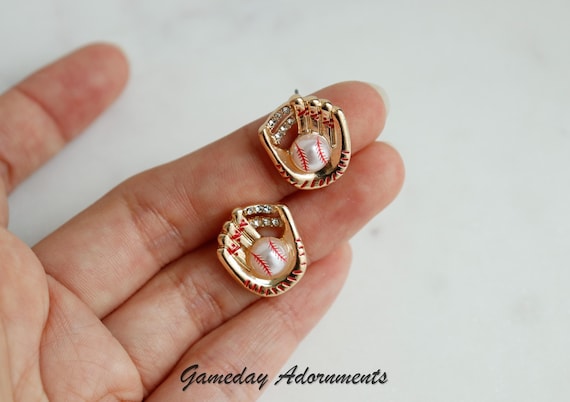 Baseball Glove and Ball Stud Earrings, Cute Enamel Gold, Faux Pearl Baseball, Dainty Softball, League, Series, Sports Coach Her Gift