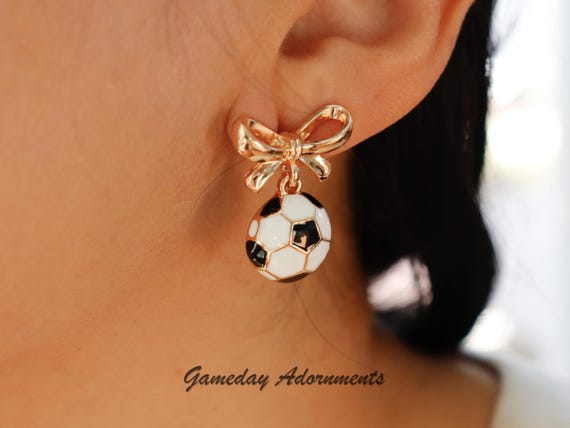 Cute Soccer Ball Earrings with Gold Bow Accent, Enamel Jewelry Brass, Futbol Gameday Attire, Soccer Player, Mom Team Gift