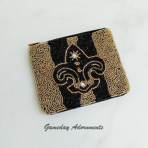 Bolsa de moedas com flor de lis e contas de ouro preto, estilo Gameday, bolsa de viagem pequena, bolsa de maquiagem, Geaux Louisiana Pride, esportes, presente dela