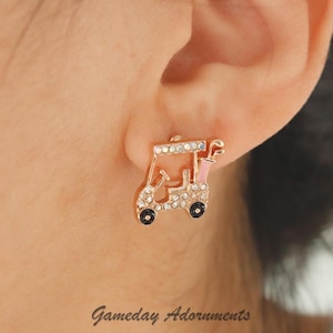 Sparkly Golfcart Earring, Pair of Golf Cart Studs, Cute Dainty Rhinestone Paved, Pink Enamel Iridescent, PGA LPGA Tour, Golfers Attire Gift