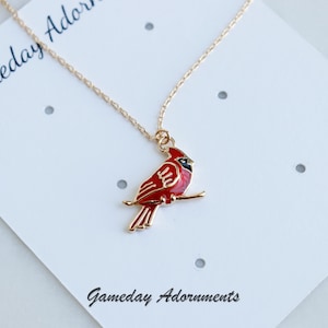 Red Enamel Cardinal Bird Charm Necklace, Dainty Cardinalidae Resting on Branch Pendant, Gold, Detailed, Christmas Jewelry, Sports Team Gift