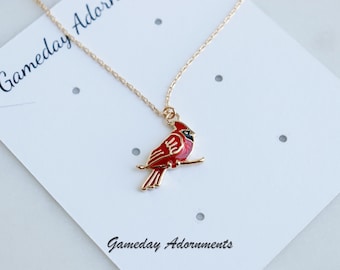 Red Enamel Cardinal Bird Charm Necklace, Dainty Cardinalidae Resting on Branch Pendant, Gold, Detailed, Christmas Jewelry, Sports Team Gift