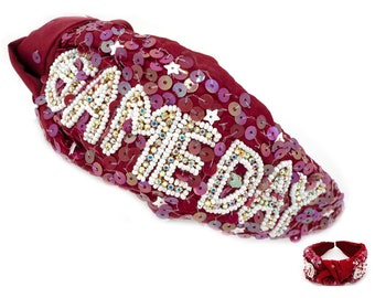 Fascia per capelli da giorno di gioco con paillettes e perline bianche bordeaux NCAA - 17" - Parte superiore annodata - NCAA College Football, Basket, Regalo