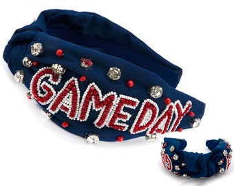 NCAA Navy Red Beaded Game Day Headband with Rhinestones - 17" - Knot Top - NCAA College Football, Basketball, Gift