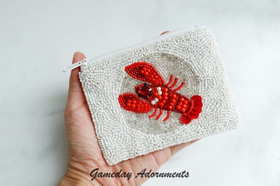 Beaded Coastal Crawfish Coin Bag, Beach Cajun Crayfish Travel Pouch Wallet, Mardi Gras Louisiana, Seafood, Fun Novelty Sports Gift