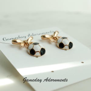 Cute Soccer Ball Earrings with Gold Bow Accent, Enamel Jewelry Brass, Futbol Gameday Attire, Soccer Player, Mom Team Gift