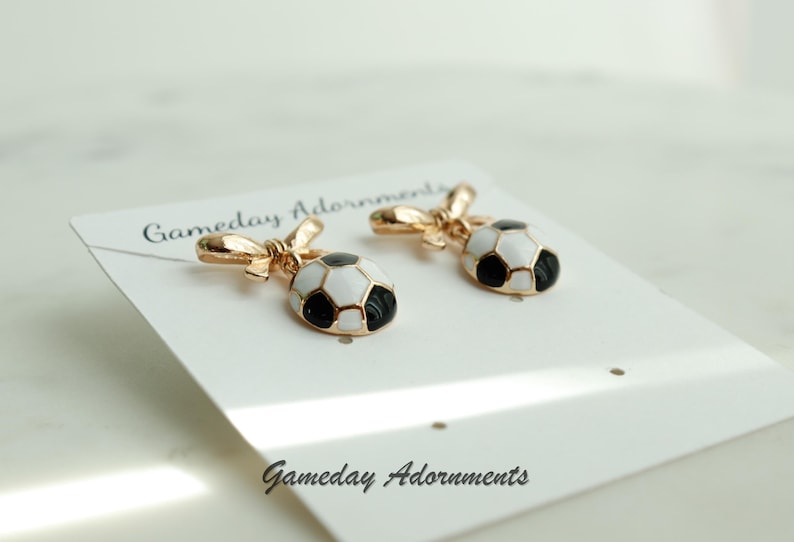 Cute Soccer Ball Earrings with Gold Bow Accent, Enamel Jewelry Brass, Futbol Gameday Attire, Soccer Player, Mom Team Gift