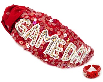 Fascia per capelli da giorno di gioco con paillettes rosso bianco e perline NCAA - 17" - Parte superiore annodata - NCAA College Football, Basket, Regalo