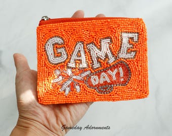 Orange White Cheer Beaded Coin Purse, Football Basketball, Small Wallet Bag, Tennessee Texas Fan Game Day, Oklahoma Longhorns NCAA Gift