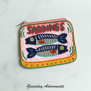 Beaded Sardine Coin Purse, Retro Sardine Can, Vintage Colors, Petite Pouch, Makeup Bag Coastal Travel Accessory, Fish Lover Gift