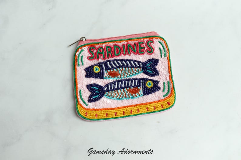 Beaded Sardine Coin Purse, Retro Sardine Can, Vintage Colors, Petite Pouch, Makeup Bag Coastal Travel Accessory, Fish Lover Gift