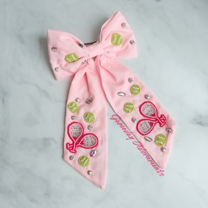 Tennis Flair Seed Bead Patched Bright Pink Ribbon Bow Clip, Tennis Racket, Gem Embroidered Large Bow Barrrette, Perfect Sports Gift
