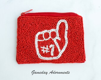 Allegria perfetta, borsa per monete per il primo posto n. 1 rosso bianco con perline, baseball, piccola custodia da viaggio, regalo sportivo NCAA collegiale dell'Alabama Arkansas