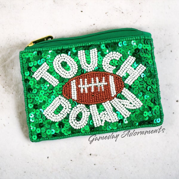 Game Day Green Sequins Beaded Football Coin Purse - NCAA Flair Small Wallet Bag Fan Gift