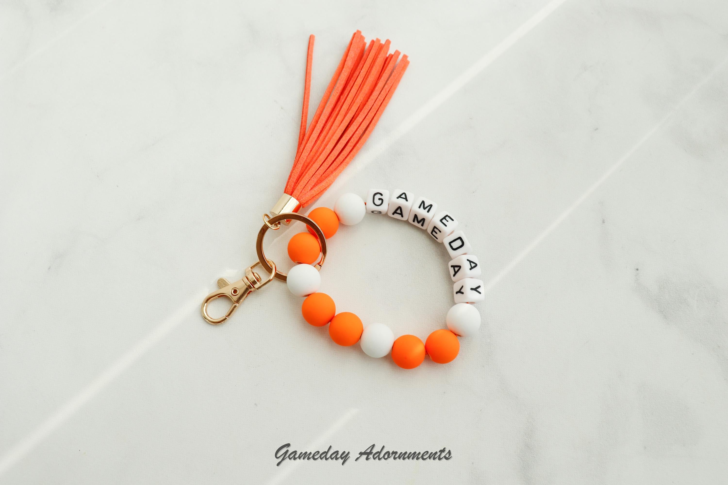 Jumbo Bead Orange White Wristlet Keychain, Bag Charm, Tennessee Gameday Cheer Flair, Never Lost, Volunteers NCAA Collegiate Sports Gift