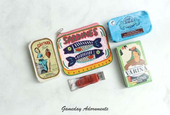 Beaded Sardine Coin Purse, Retro Sardine Can, Vintage Colors, Petite Pouch, Makeup Bag Coastal Travel Accessory, Fish Lover Gift