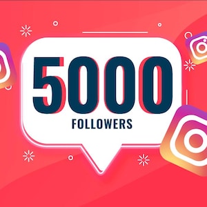Op de afbeelding: Afbeelding met het Instagram-logo en de tekst "5000 FOLLOWERS" in een tekstballon. De achtergrond is rood met witte sterren en cirkelaccenten. Meerdere Instagram-logo's zijn verspreid.