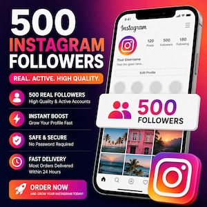 以下が含まれることがあります： Instagramのフォロワー向けのプロモーション画像。Instagramのインターフェースを表示するスマートフォンが特徴で、「500フォロワー」と書かれたバナーがあります。「リアル、アクティブ、高品質」と「インスタントブースト」がテキストで強調されています。