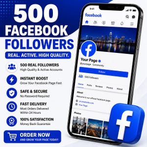 Può includere: Uno smartphone mostra una pagina Facebook con il logo blu "f" e il testo "500 Facebook Followers". L'immagine promuove follower reali, attivi e di alta qualità, un aumento immediato, un servizio sicuro e una consegna rapida.