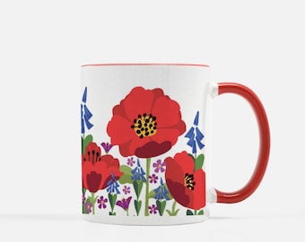 Poppy mug, floral mug, unique mug, mug for gardener, flower lover gift, gift for woman, gift for mom, office mug, gift for co-worker
