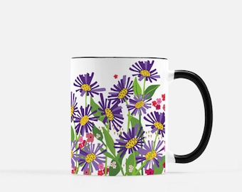 Flower mug, Asters, gift for gardener, gift for plant sitter, unique mug, coffee break mug, purple mug