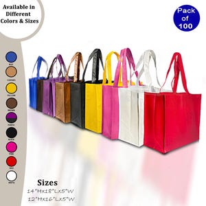 May include: A pack of 100 reusable non-woven polypropylene tote bags in various colors, including blue, caramel, yellow, brown, purple, black, pink, red, and white. The bags are 14 inches high by 18 inches long by 5 inches wide or 12 inches high by 16 inches long by 5 inches wide.