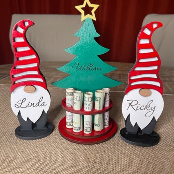 Freestanding Wooden Money Christmas Tree or Money Holder with custom name on front