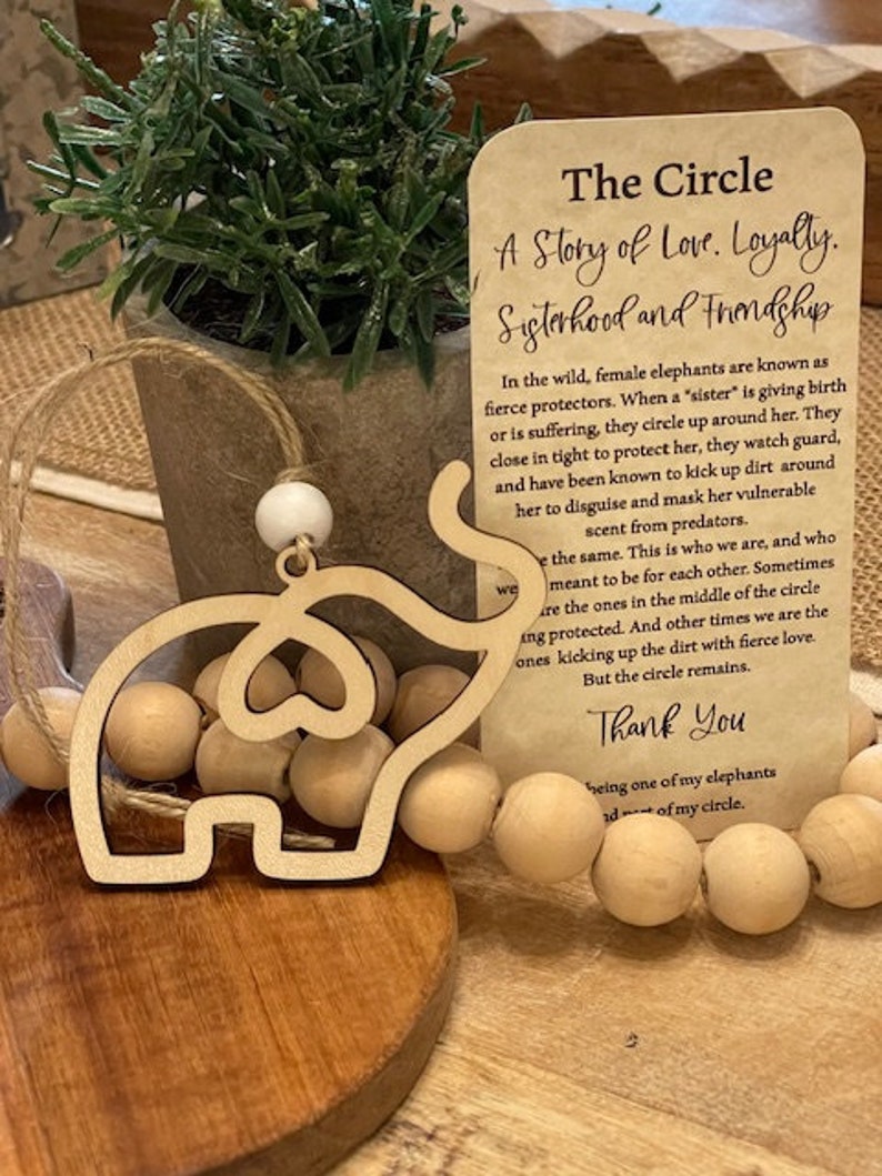 The Circle A story of love and loyalty Elephant ornament gift Sisterhood & Friendship Made of finished maple wood w/ card, cotton pouch image 5