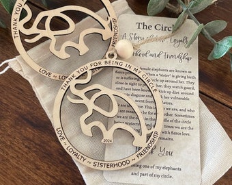 The Circle- A story of Love, Loyalty, Sisterhood & Friendship Elephant ornament gift-  finished maple wood w/ card, cotton pouch Made in USA