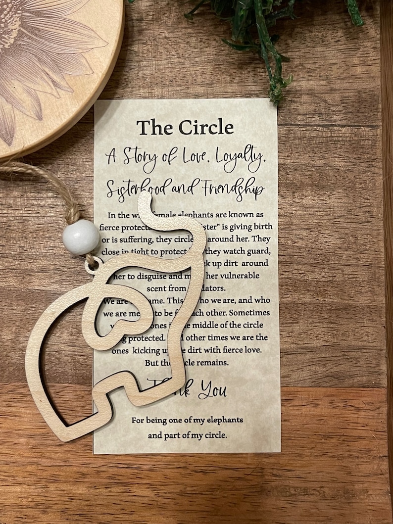 The Circle A story of love and loyalty Elephant ornament gift Sisterhood & Friendship Made of finished maple wood w/ card, cotton pouch image 7