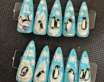 blue winter penguin press on nails