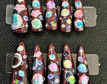 red cat eye solar system press on nails