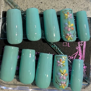 May include: Set of ten light blue artificial nails with a floral design on four of the nails. The flowers are multi-colored and have a 3D effect.