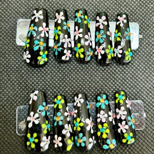 black with pastel flowers press on nails