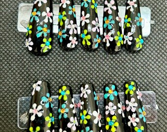 black with pastel flowers press on nails