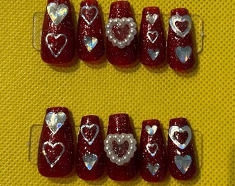 red glitter valentine press on nails