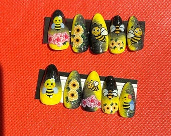 Black and yellow ombre bee press on nails