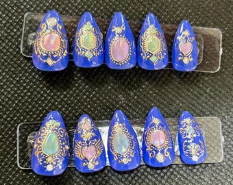 blue with gold design press on nails