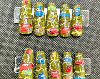 green crackle Cars press on nails