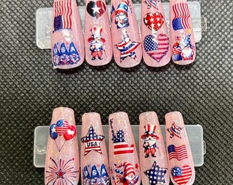 Uñas postizas con diseño de gnomo de algodón de azúcar de EE. UU.