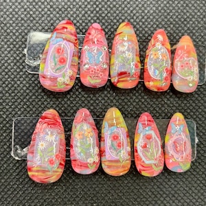 rainbow marble framed flowers press on nails