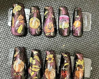 cat eye fall flower design press on nails