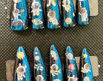 blue cat eye astronaut press on nails